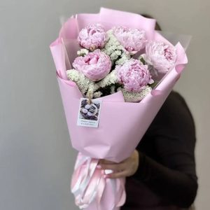 5 светло-розовых пионов со статицей в упаковке